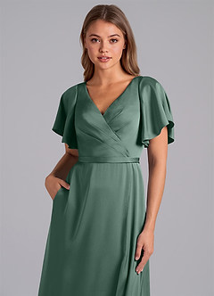 Azazie Ambrosia Bridesmaid Dresses Eucalyptus A-Line Pleated Stretch Satin Dress image2