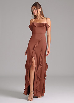 Azazie Malia Bridesmaid Dresses Auburn A-Line Side Slit Stretch Satin Dress image1
