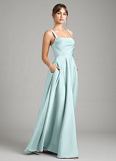 Azazie Shaude Bridesmaid Dresses Sea Glass A-Line Pleated Stretch Satin Dress image6