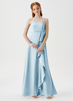 Azazie Kaylee Junior Sky Blue A-Line with Belt Stretch Satin Dress image1