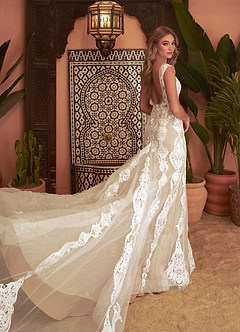 Azazie Delvita Wedding Dresses Diamond White Nude Mermaid V-Neck Sequins Tulle Dress image3