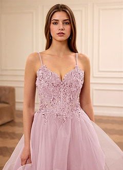 Zinnia Pink A-line Floral V-neck Tulle Tier Prom Dress image7