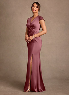 Azazie Rilda 신부의 어머니 드레스 쉬스 레이스 스트레치 새틴 플로어 길이 드레스 image2