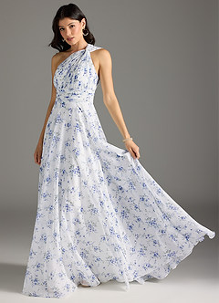 Azazie Charlize Jurken voor bruidsmeisjes Jurk van Chiffon met A-Lijn One-Shoulder Blauw Huisje Bloemen image2