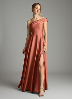 Azazie Melanie 신부 들러리 드레스 A라인 오프 더 숄더 스트레치 새틴 바닥 길이 드레스 image3