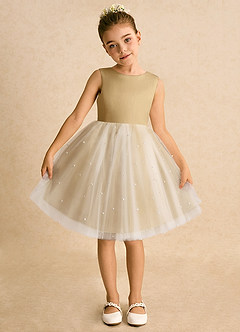 Azazie Esme Flower Girl Dresses Ivory Gold Ball-Gown Bow Tulle Dress image6