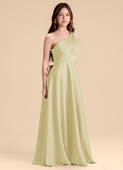 Azazie Charlize Junior Lemon Sorbet A-Line Pleated Stretch Satin Dress image3