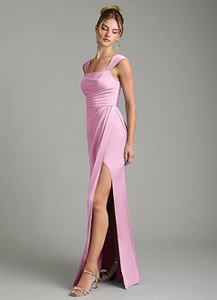 Azazie Filippa Bridesmaid Dresses Candy Pink A-Line Pleated Stretch Satin Dress image4