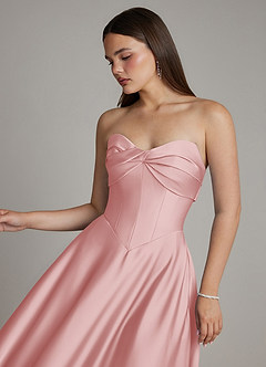 Azazie Meleena At-home Try On Dresses Dark Green A-Line Strapless Stretch Satin Dress image4