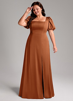 Azazie Fyona Bridesmaid Dresses Copper A-Line Pleated Stretch Satin Dress image11