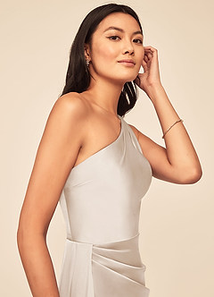 Azazie Maron Bridesmaid Dresses White Alabaster A-Line One Shoulder Stretch Satin Dress image6