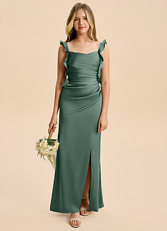 Azazie Jessamine Junior Eucalyptus A-Line Ruched Stretch Satin Dress image1