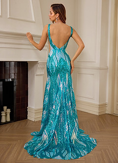 Jade Blue Sequin Satin Side Split Deep V-neck Mermaid Marine Prom Dress image2