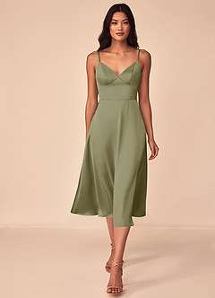 Azazie Dottie Final Sale Pistachio A-Line Stretch Satin Dress image1