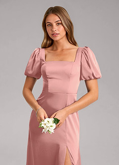 Azazie Fyona Bridesmaid Dresses Rosette A-Line Pleated Stretch Satin Dress image6