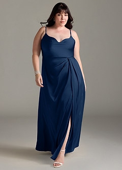 Azazie Brielle Robes de demoiselle d'honneur Robe Trapèze en Satin extensible Bretelles spaghetti Bleu Marine Foncé image8
