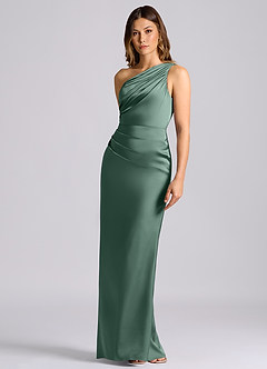 Azazie Akilah Bridesmaid Dresses Eucalyptus Mermaid One Shoulder Stretch Satin Dress image6