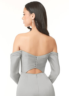 Azazie Hallie Bridesmaid Dresses Silver Sheath Off-The-Shoulder Long Sleeve Stretch Satin Convertible Dress image8