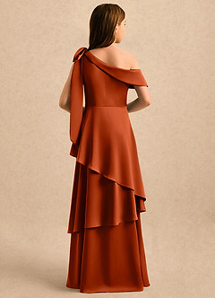 Azazie Shyloh Girls Formal Flower Girl Dresses Paprika A-Line Off the Shoulder Stretch Satin Dress image2