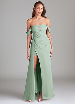 Azazie Amyra Bridesmaid Dresses Agave Sheath Off the Shoulder Chiffon Convertible Dress image1