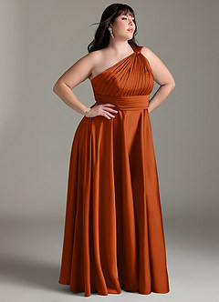 Azazie Charlize Bridesmaid Dresses Burnt Orange A-Line One Shoulder Stretch Satin Dress image4