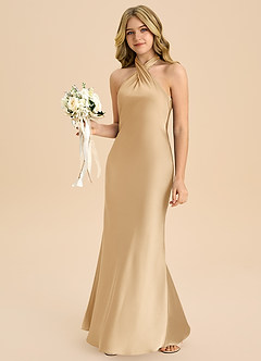 Azazie Chickie Junior Robe Fourreau en Satin extensible Plissée Or image4