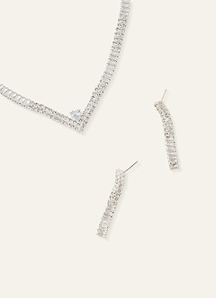 front Pointed Collar Crystal Tennis Necklace and Earrings Jewelry Set