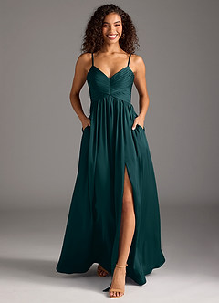 Azazie Alia Bridesmaid Dresses Pine A-Line Pleated Stretch Satin Dress image5