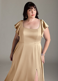 Azazie Bondi Bridesmaid Dresses Champagne A-Line Bow Stretch Satin Dress image11