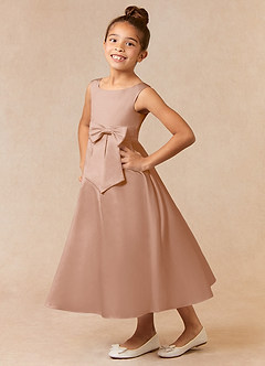 Azazie Lindy Flower Girl Dresses Champagne Rose A-Line Pleated Matte Satin Dress image1