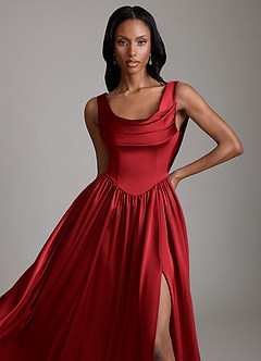 Azazie Novi Bridesmaid Dresses Scarlet A-Line with Pockets Stretch Satin Dress image3