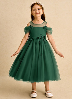 Azazie Juni Flower Girl Dresses Dark Green Ball-Gown Pleated Tulle Dress image4