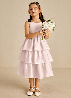 Azazie Margery Flower Girl Dresses Blushing Pink A-Line Bow Stretch Satin Dress image2