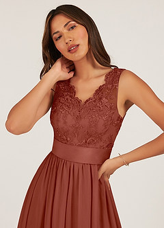 Azazie Gertrude Abiti da Damigella Abito A-Line in Chiffon Pizzo Auburn image11