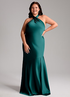 Azazie Lorena Brudtärnklänningar Klänning av Sjöjungfru i Stretch Satin Plisserad Påfågelblå image7