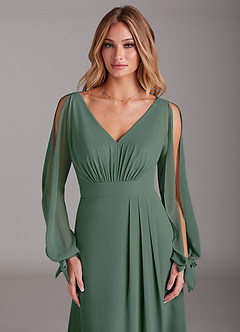 Azazie Matilda Bridesmaid Dresses Eucalyptus A-Line Long Sleeve Chiffon Dress image6