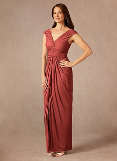 Azazie Lisolette Mother of the Bride Dresses Terracotta Sheath Pleated Mesh Dress image3