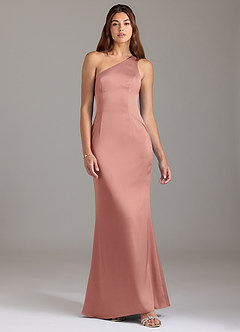 Azazie Arleth Brautjungfernkleider A-Linie One-Shoulder Stretch-Satin Kleid Rosettenrosa image1