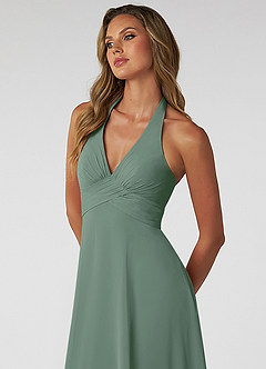 Azazie Tessie Brautjungfernkleider A-Linie V-Hals Gefaltet Chiffon Kleid Eukalyptus image5