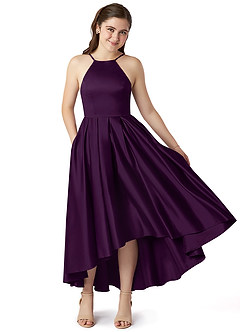 Azazie Jemima Junior Vestido de Uva de Satén Elástico de Corte en A con Con bolsillos image1