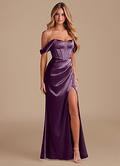 Azazie Asha Bridesmaid Dresses Plum Sheath Off the Shoulder Metallic Satin Dress image4