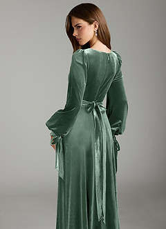 Azazie Leonia Bridesmaid Dresses Eucalyptus A-Line Long Sleeve Velvet Dress image2