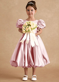 Azazie Jellybean Flower Girl Dresses Powder Pink Ball-Gown Ruched Matte Satin Dress image3
