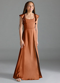 Azazie Bondi Junior Copper A-Line Side Slit Stretch Satin Dress image3
