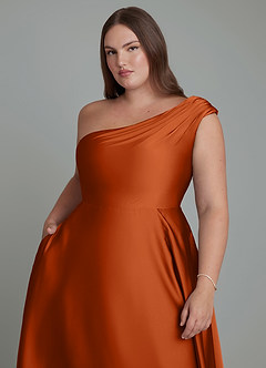 Azazie Melanie Bridesmaid Dresses Burnt Orange A-Line Off the Shoulder Stretch Satin Dress image12