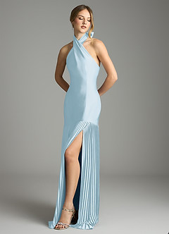 Azazie Nayeli Final Sale Sky Blue A-Line Pleated Stretch Satin Dress image4