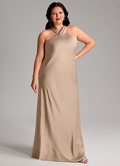 Azazie Doretta Bridesmaid Dresses Taupe Mermaid Pleated Stretch Satin Dress image9