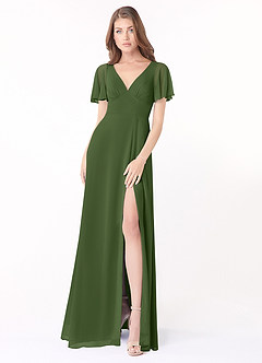 Azazie Kimber Bridesmaid Dresses Olive A-Line Flounce Sleeve Chiffon Dress image1