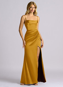 Azazie Auden Bridesmaid Dresses Butterscotch Sheath Off the Shoulder Stretch Satin Convertible Dress image3