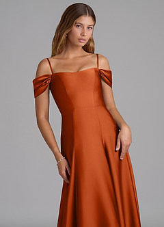 Azazie Seriana Robes de demoiselle d'honneur Robe Trapèze Convertible en Satin extensible Épaule décolletée Orange Brûlée image2